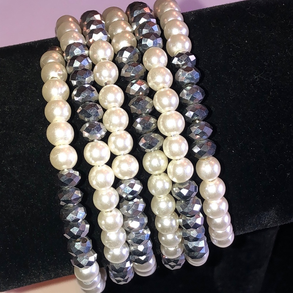 Elegant Faux Pearl and Dark Gray Black Beaded Boho Wrap Bracelet